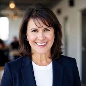 Professional woman with shoulder-length brown hair in a navy blazer, smiling in an office setting.